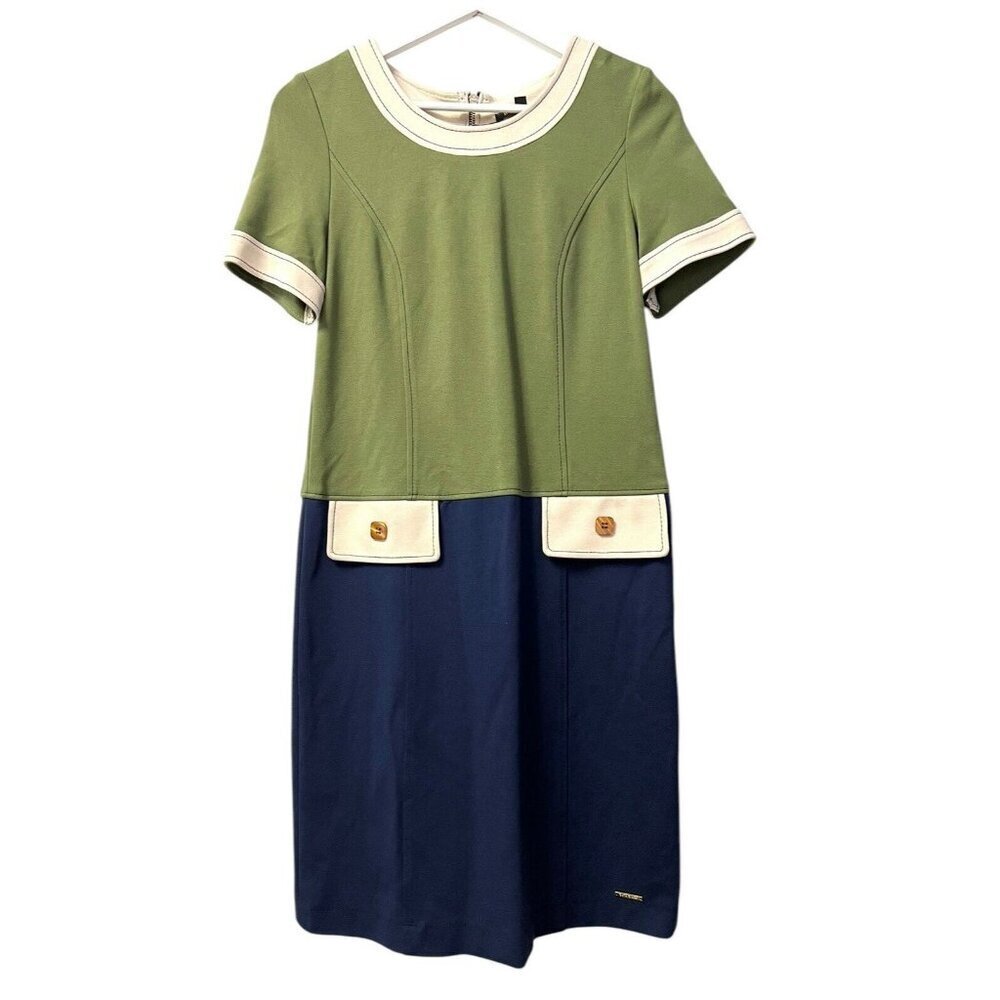 Bella Bicchi Women's Sheath Dress‎ Size 6 Green Blue S/S Stretch Faux Pockets